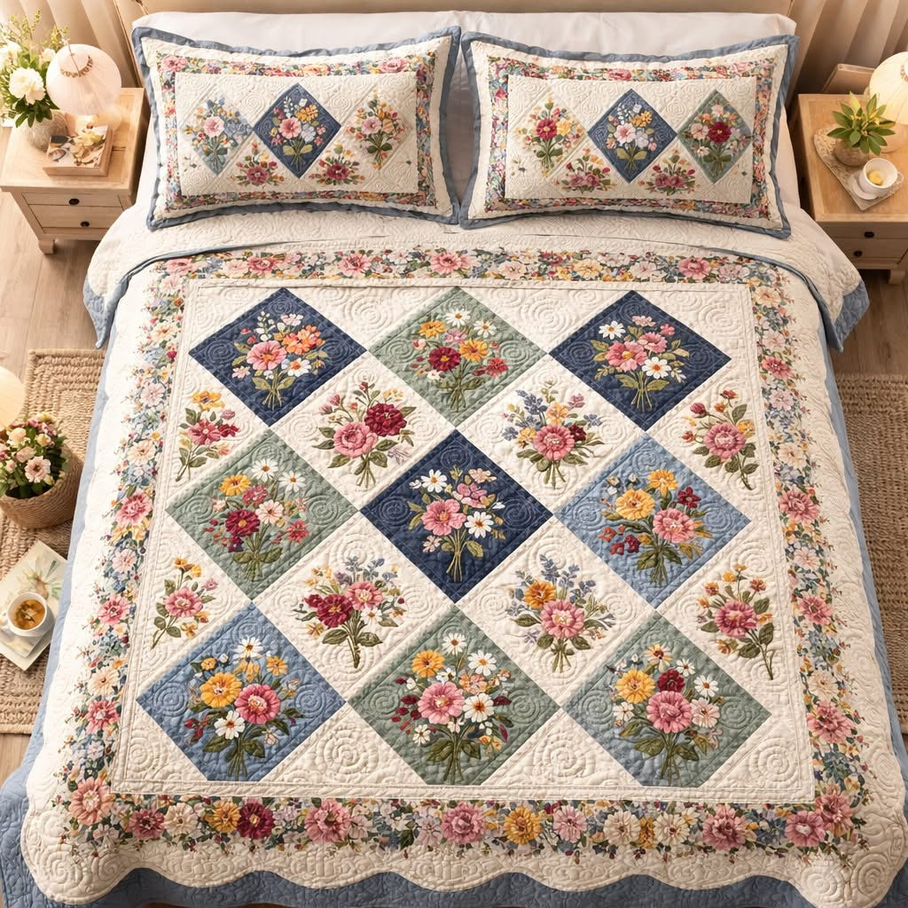 Vintage Blossom Quilted Bedding Set Cute Floral Comforter Sets Best Gifts For Her