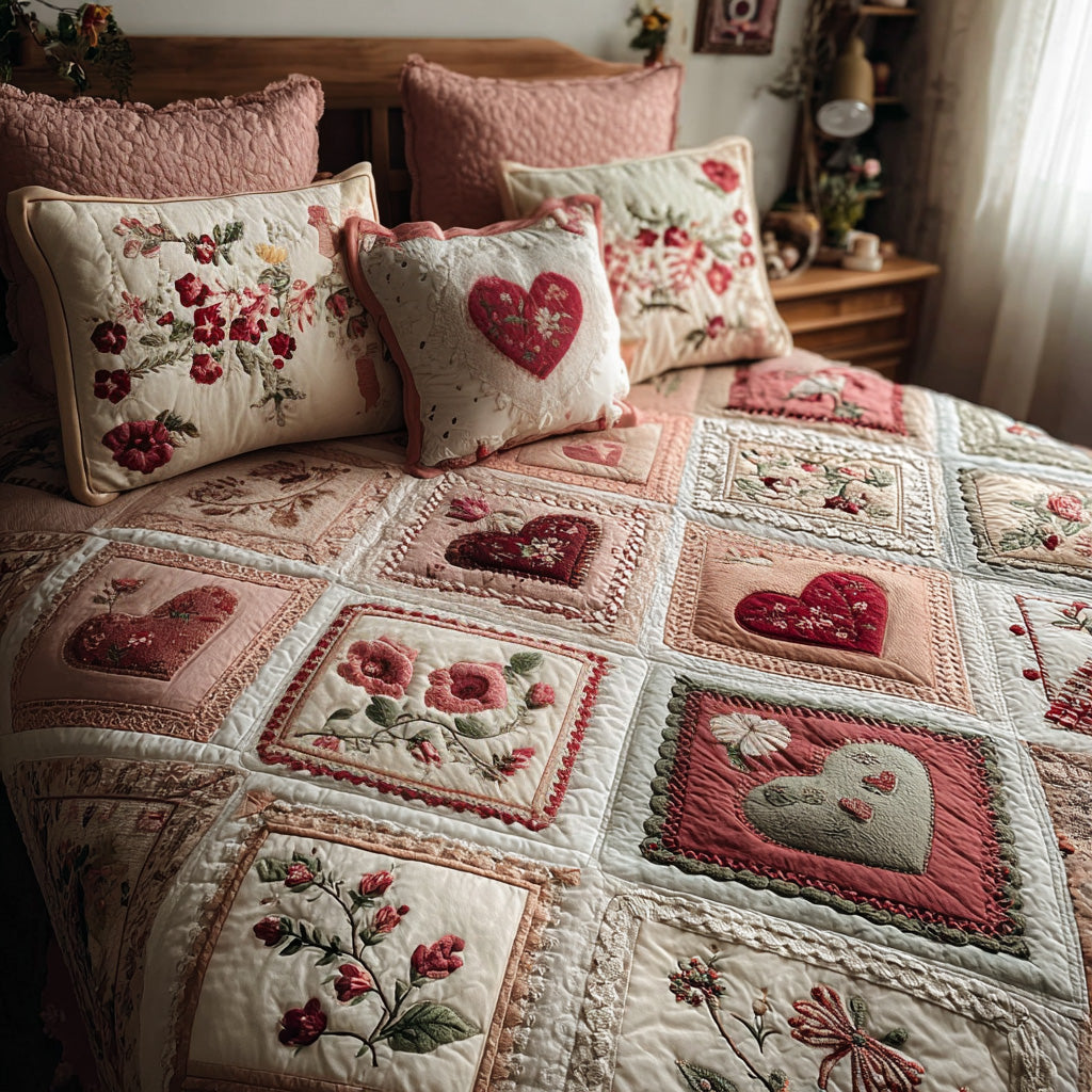 Vintage Blush Garden Quilted Bedding Set Romantic Bedroom Decor Best Gift For Her