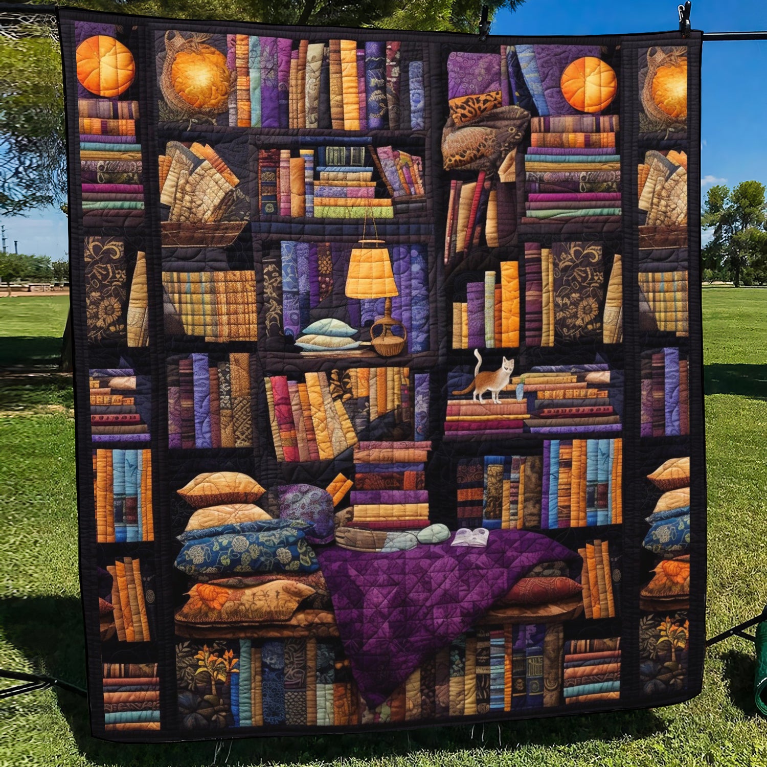 Vintage Bookshelf Quilted Blanket Comforter Sets Queen Cool Gifts For Cat Lovers