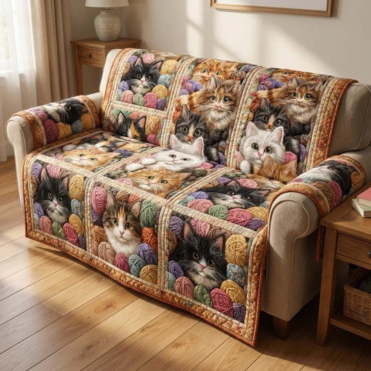 Vintage Cat Wool Quilted Sofa Cover Cat Lover Home Decor Gift For Cozy Living Room