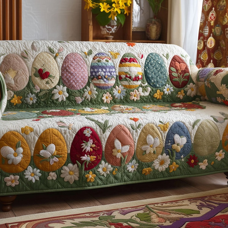 Vintage Springtime Bunnies Quilted Sofa Cover Easter Spring Decor Gift For Easter Lovers