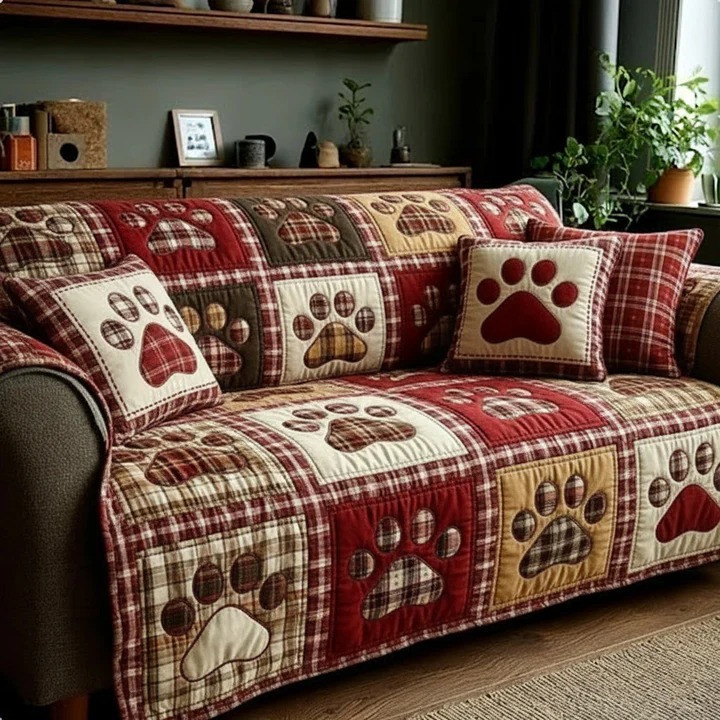 Warm Cabin Love Paw Quilted Sofa Cover Rustic Dog Lover Furniture Protector Best Gift For Pet Fans