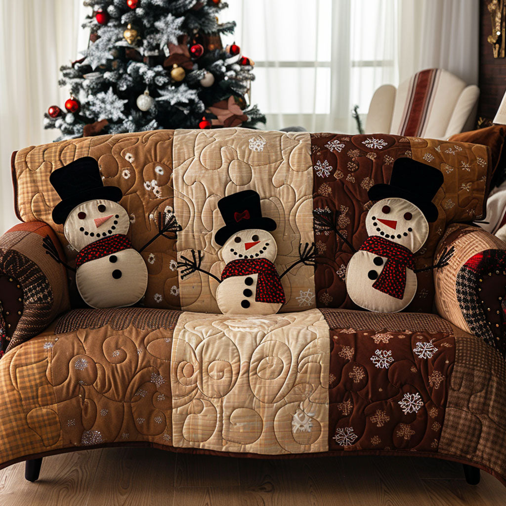 Warm Cocoa Snowmen Quilted Sofa Cover Living Room Winter Decor Snowman Christmas Presents