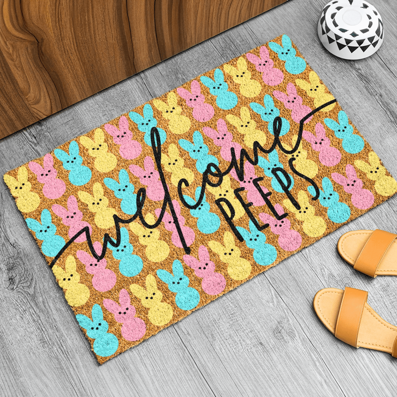 Welcome Peeps Easter Doormat Colorful Bunny Entryway Rug Easter Decor Religious Gifts