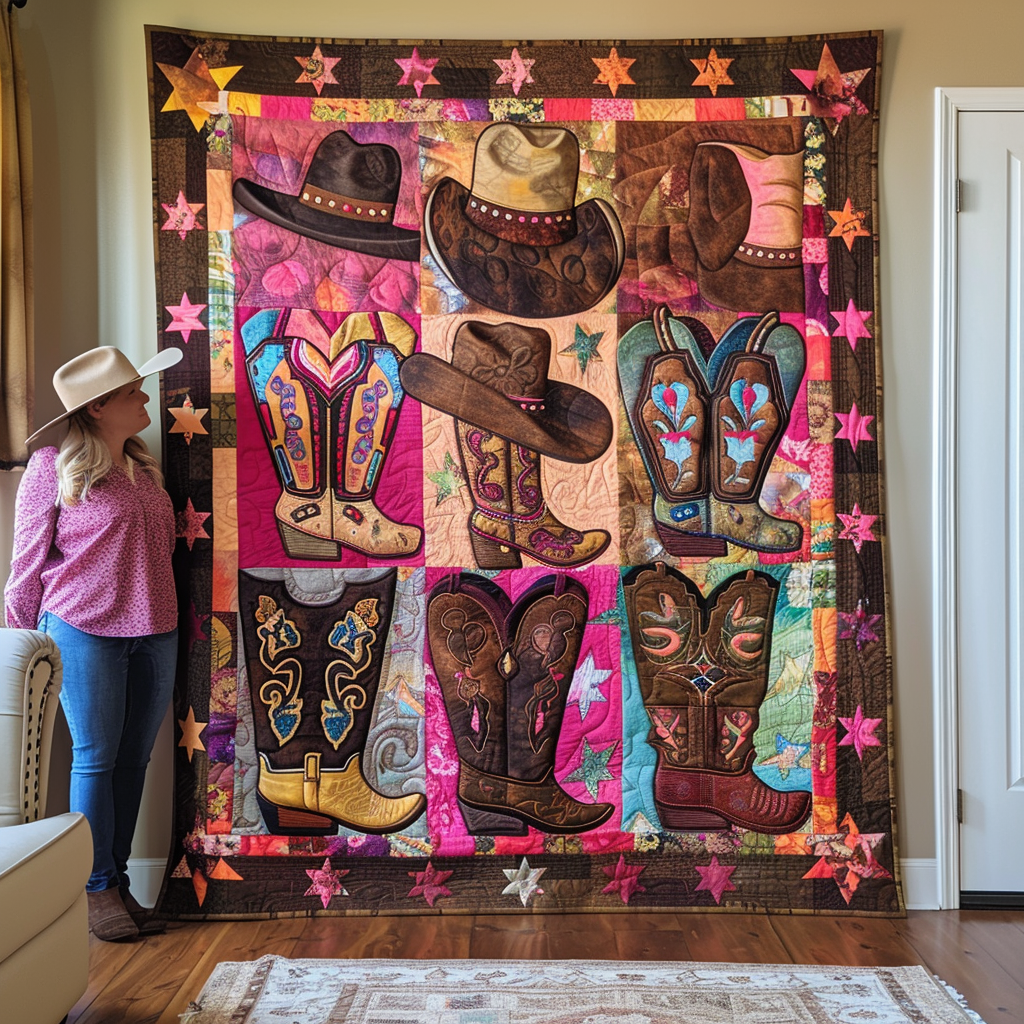 Western Boot Quilted Blanket Bedding Decor Cowboy Gifts For Him