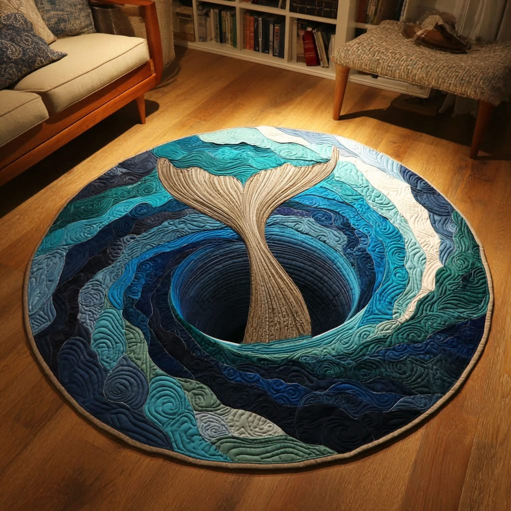 Whale Mermaid Tail Blue Whirlpool Quilted Round Mat 3D Whale Tail Ocean Vortex Circle Rug