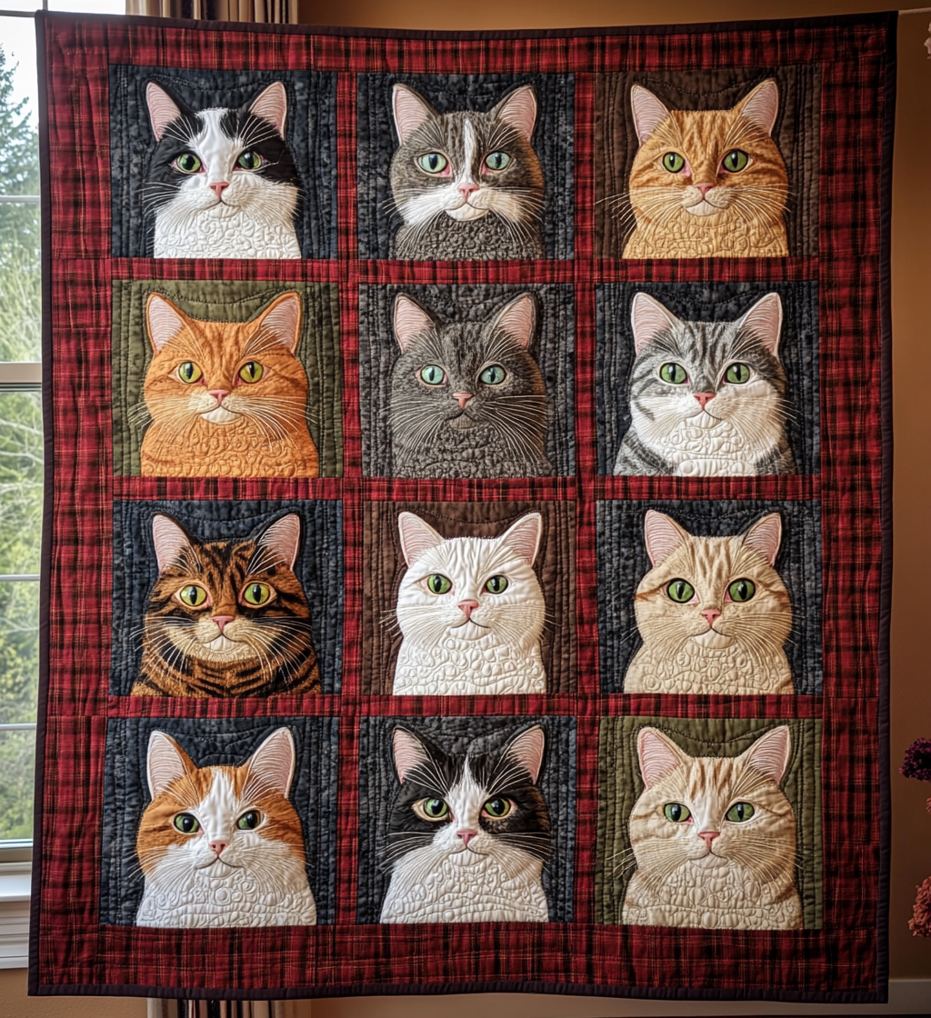 Whimsical Cat Portraits Quilted Blanket Unique Bed Sheet Set Gifts For Cat Owners