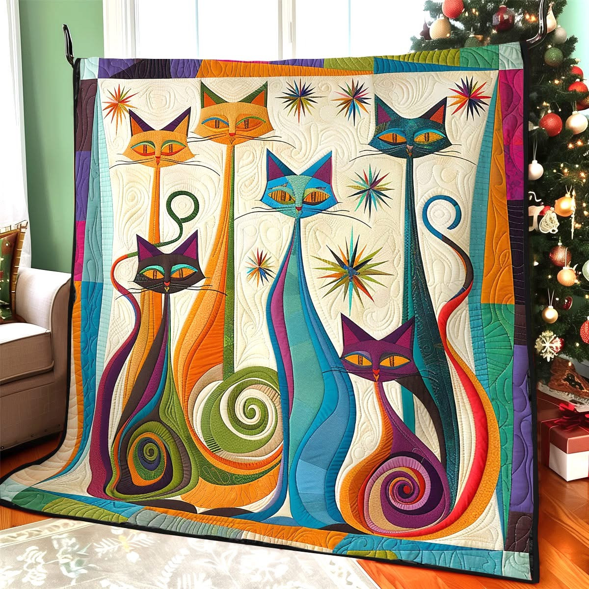 Whimsical Cats Quilt Blanket Colorful Funny Themed Christmas Gifts For Cat Lovers