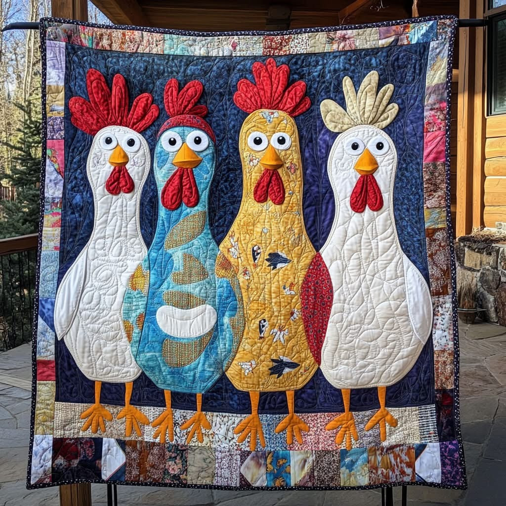 Whimsical Chicken Crew Quilt Blanket Colorful Funny Cute Best Gifts For Chicken Lovers