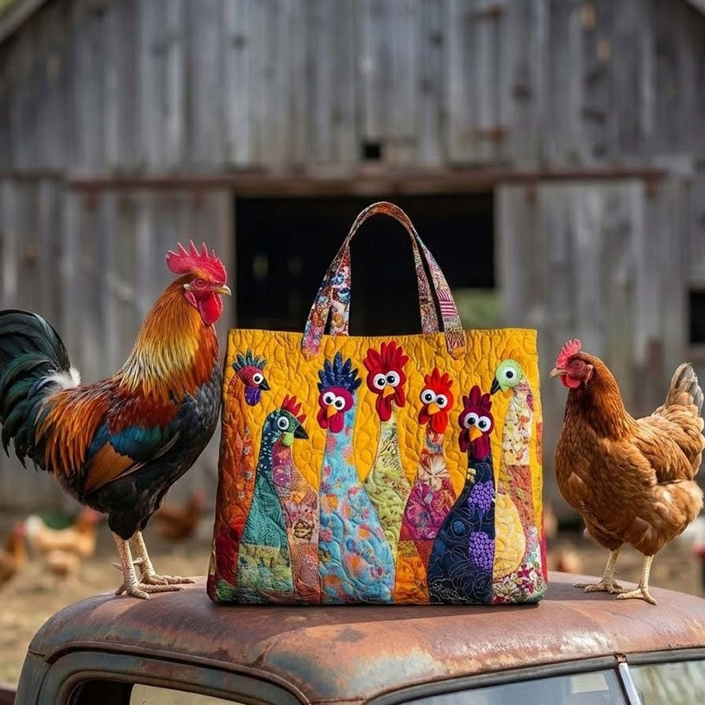 Whimsical Chicken Family Quilted Tote Bag Animal Themed Bag Gifts For Chicken Lovers