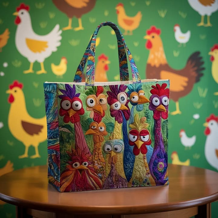 Whimsical Chicken Family Quilted Tote Bag Funny Animal Bag Gifts For Chicken Lovers
