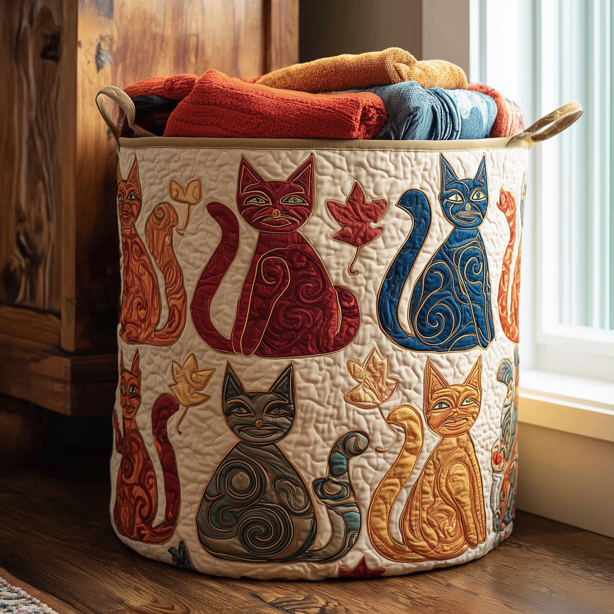 Whimsical Colorful Cat Quilted Laundry Basket Cute Gifts For Cat Lovers