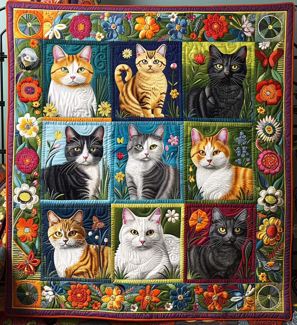 Whimsical Whiskers Quilted Blanket Bedsheet Comforter Set Items For Cat Lovers