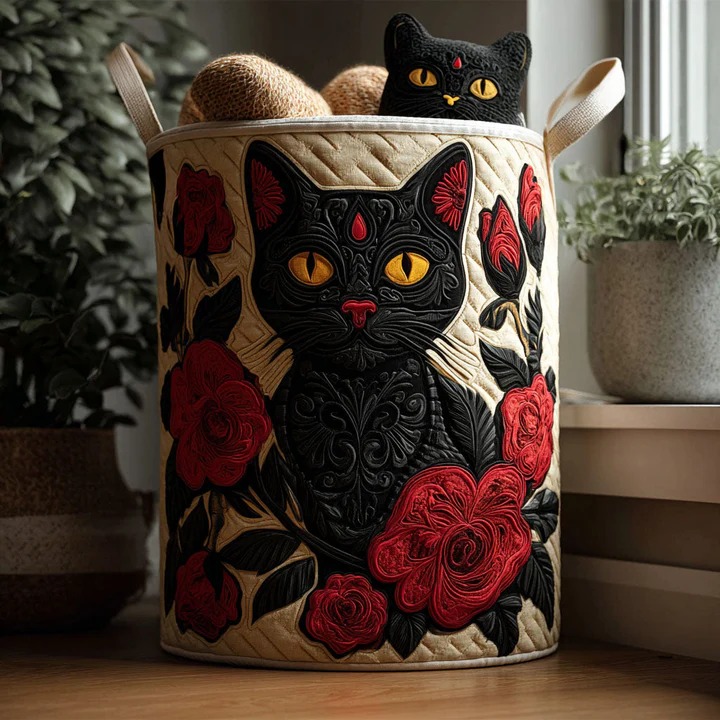 Whiskers And Roses Quilted Laundry Basket Boho Floral Cat Home Decor Best Gift For Cat Mom