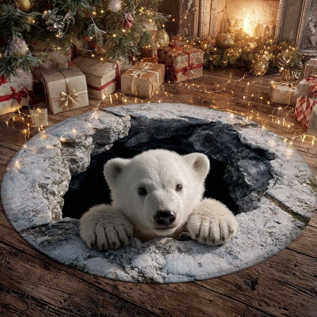 White Bear Polar Peek Christmas Round Mat Merchandise Holiday Cute Gifts For Bear Lovers