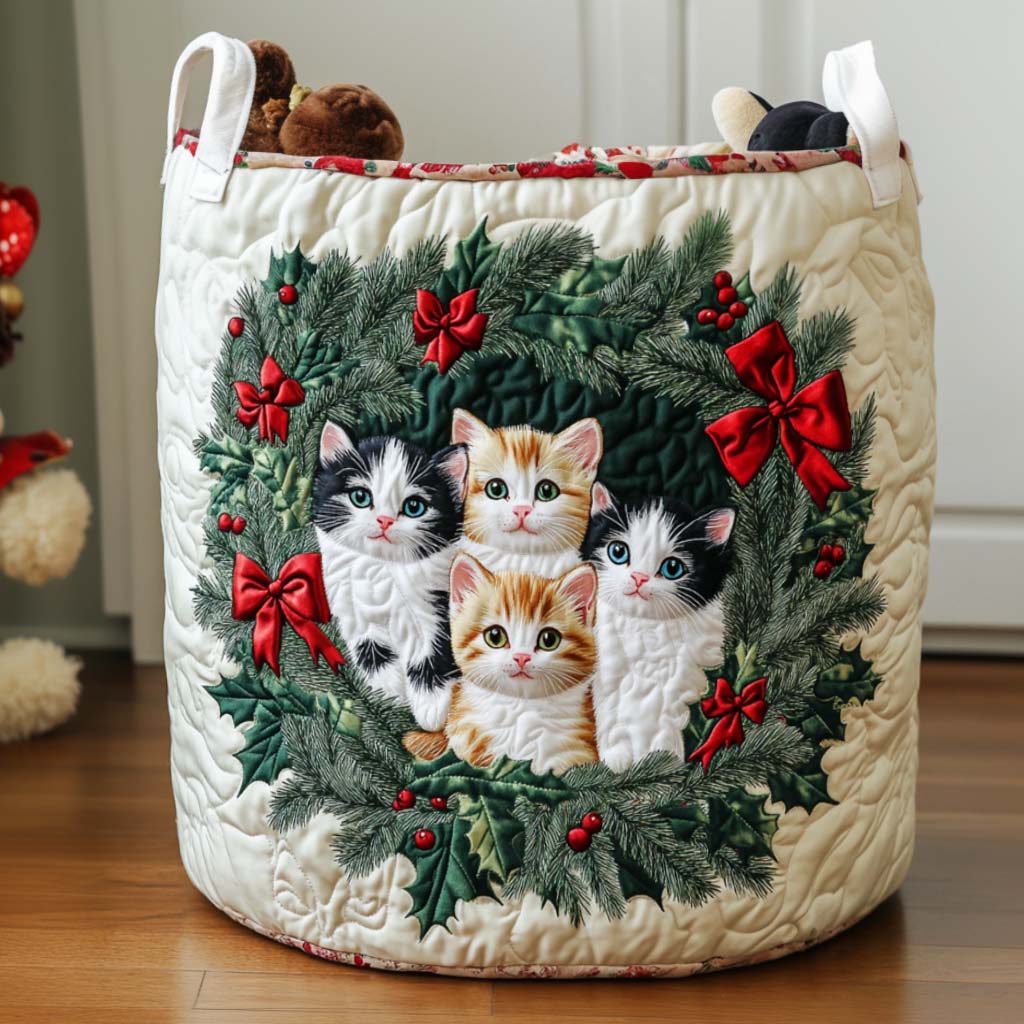 White Winter Cat Quilted Laundry Basket Perfect Housewarming Gift with Quilted Laundry Basket