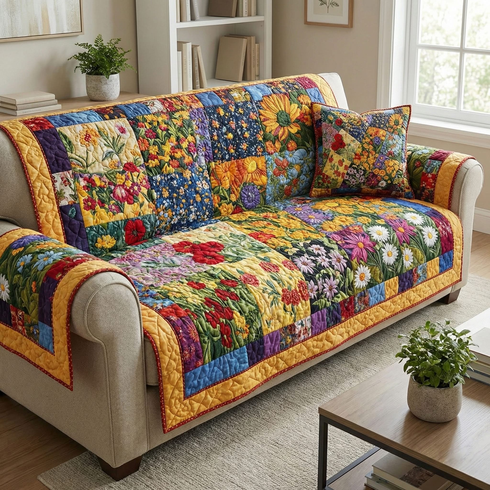 Wildflower Charm Quilted Sofa Cover Colorful Floral Sofa Couch Cover Gifts For Family