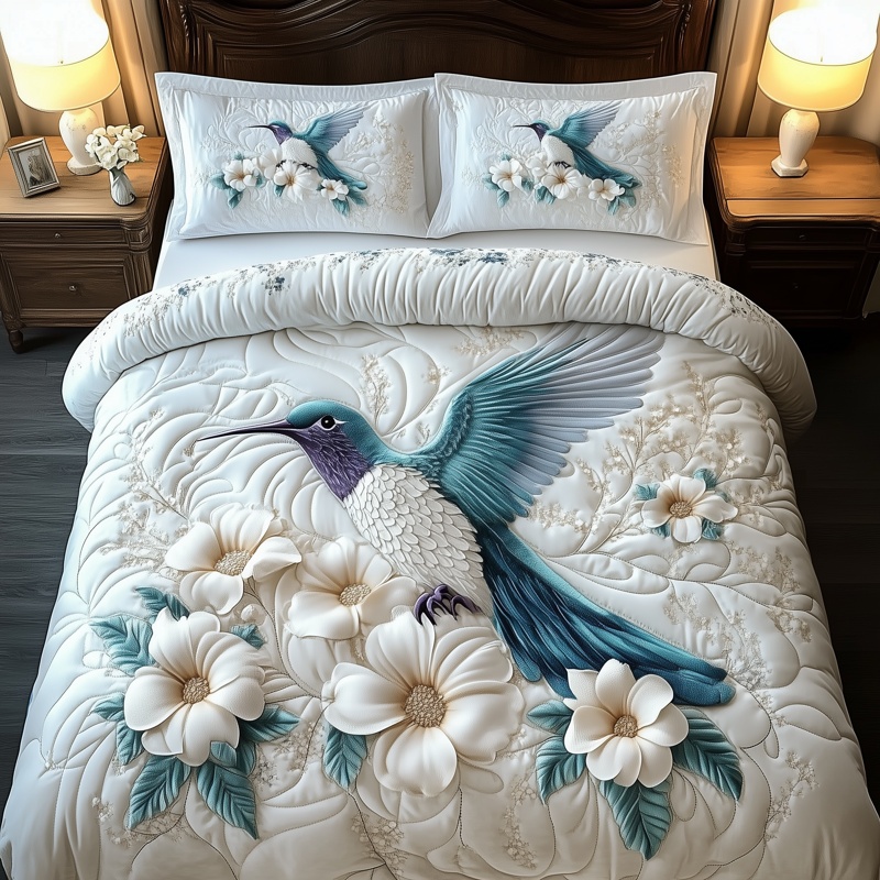 Winter Hummingbird Quilted Bedding Set Bird Holiday Bedroom Decor Gift For Bird Lovers