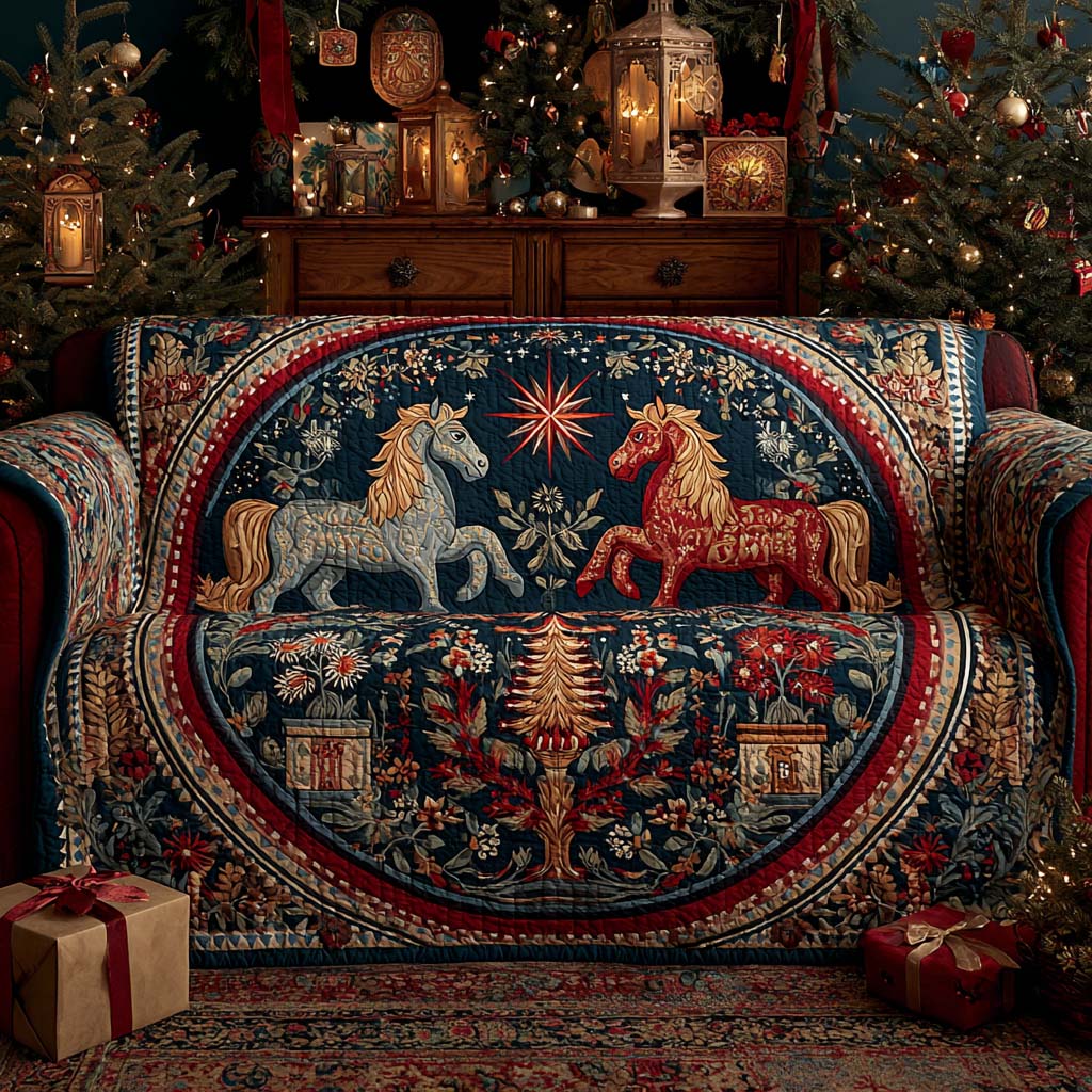 Winter Wonderland Carousel Quilted Sofa Cover Living Room Winter Decor Gifts For Horse Lovers