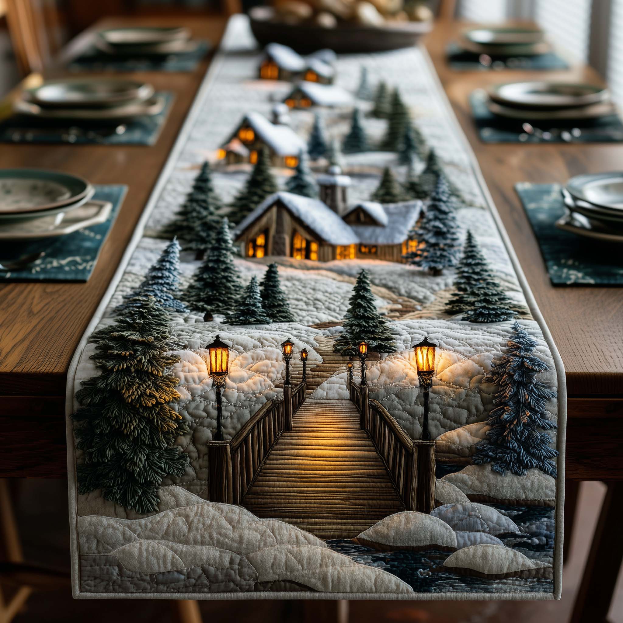 Winter Wonderland Quilted Table Runner Farmhouse Dining Room Decor Gift For Home