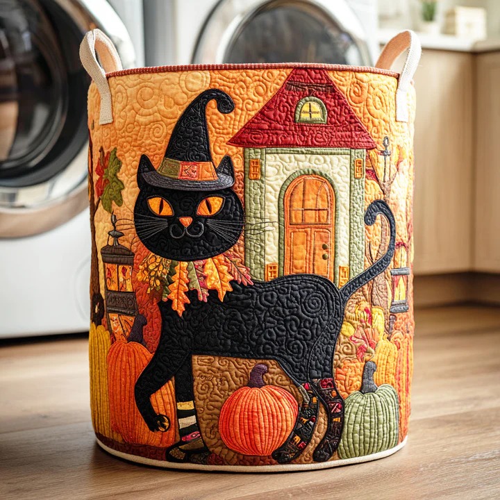 Witch Cat Halloween Quilted Laundry Basket Black Cat Pumpkin Autumn Boho Gift For Cat Lovers