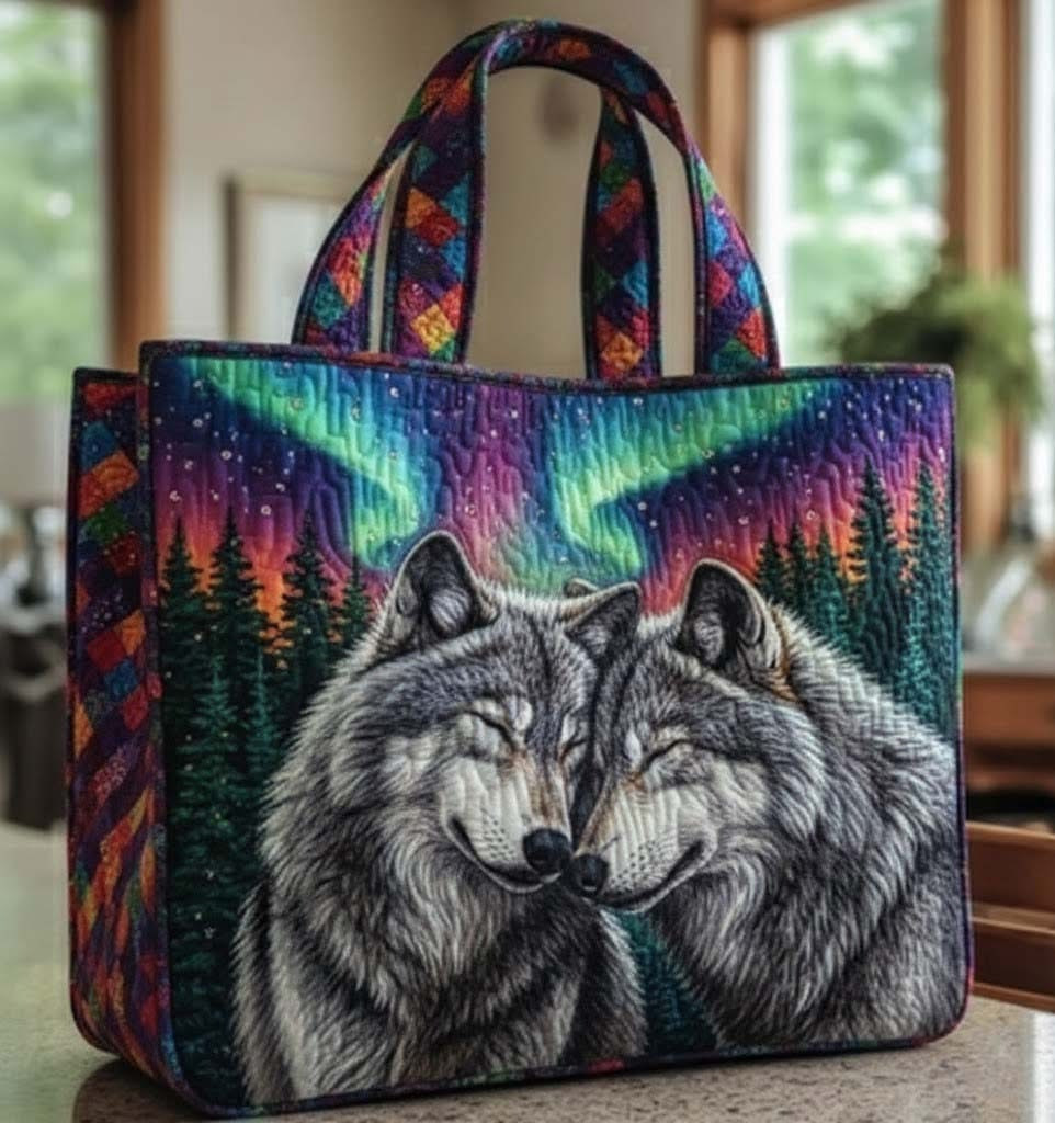 Wolf Aurora Bond Quilted Tote Bag Best Handbag For Women Gifts Ideas For Wolf Lovers