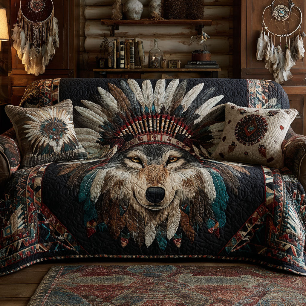 Wolf Chief Quilted Sofa Cover Indoor Decor Native American Gift Ideas
