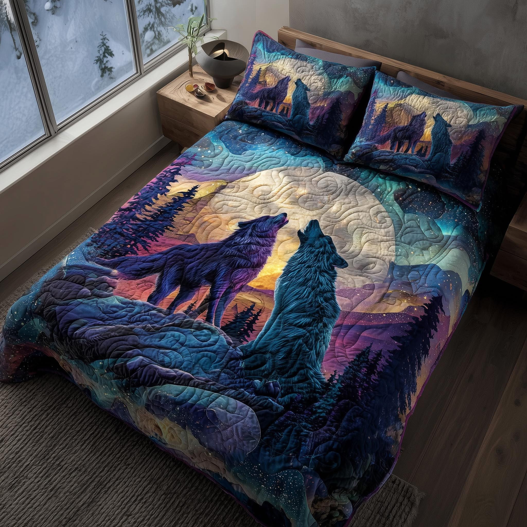 Wolf Howl Moonbound Mates Quilted Bedding Set Galaxy Moon Bed Sheet Set Gifts For Wolf Lovers