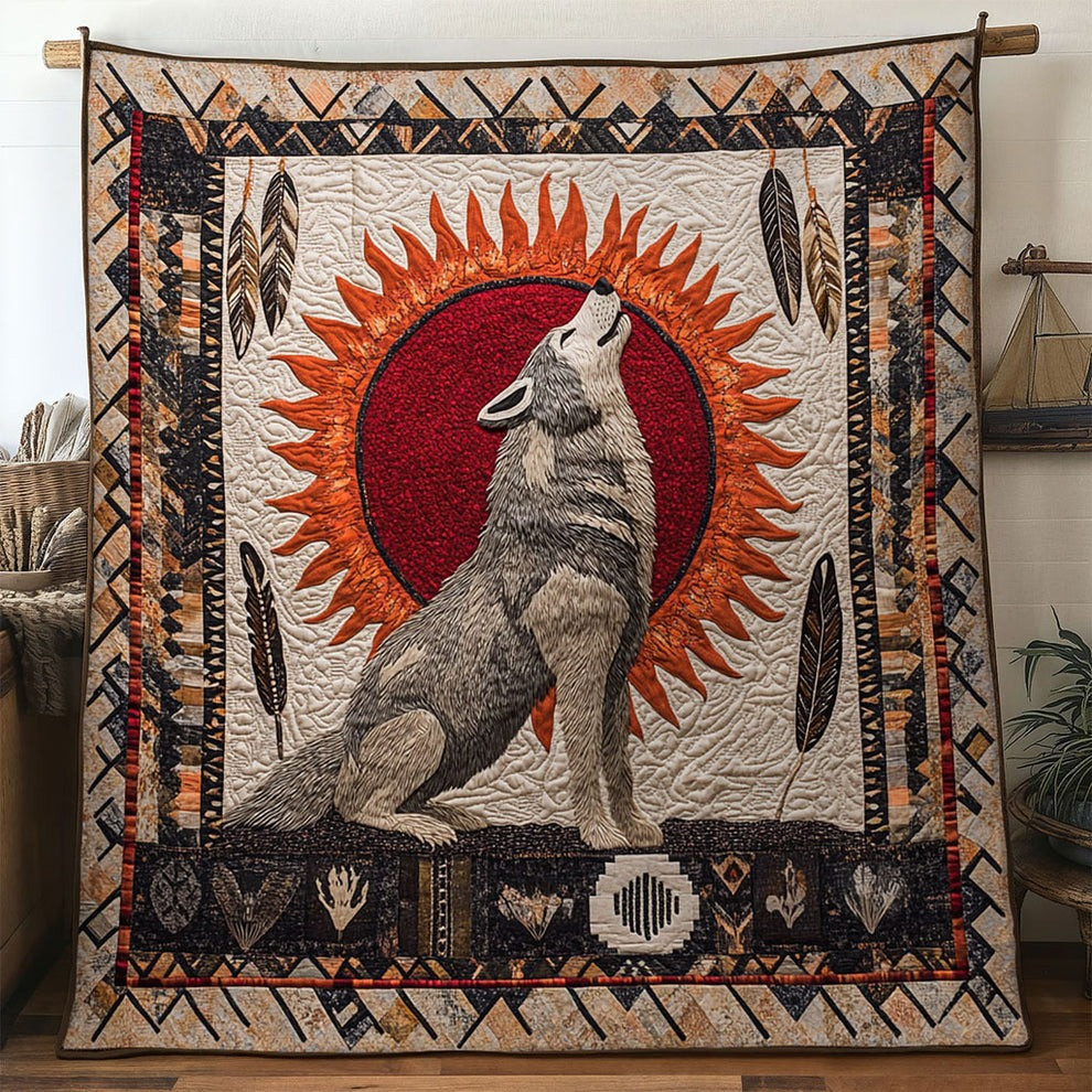 Wolf Howling Golden Sun Quilt Blanket Native American Themed Gifts For Friends