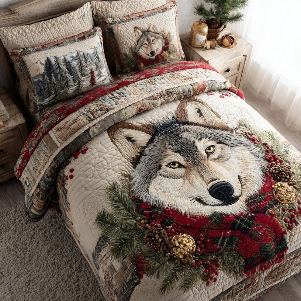 Wolf Winter Quilted Bedding Set Christmas Duvet Cover Gifts For Wolf Lovers