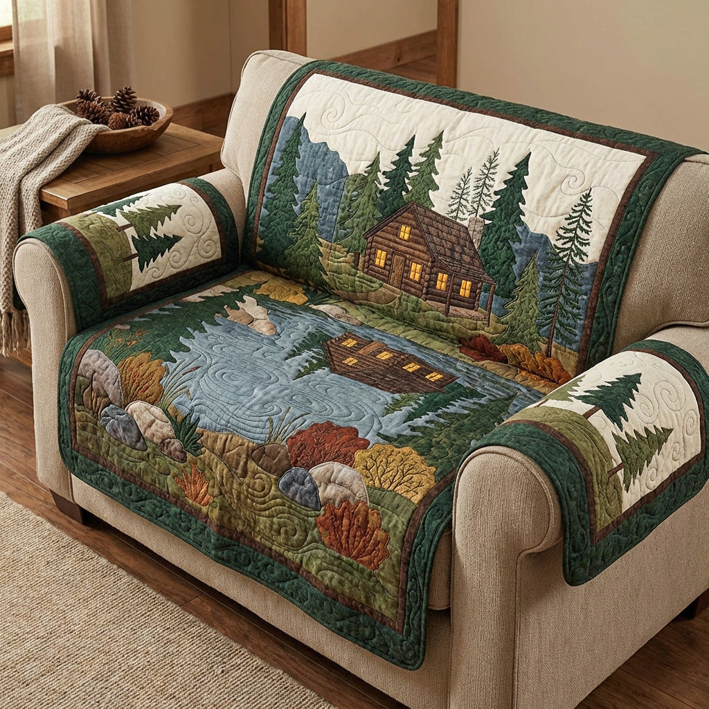 Woodland Cabin Scene Quilted Sofa Cover Furniture Slipcovers For Sofas Tree Of Life Themed Gifts
