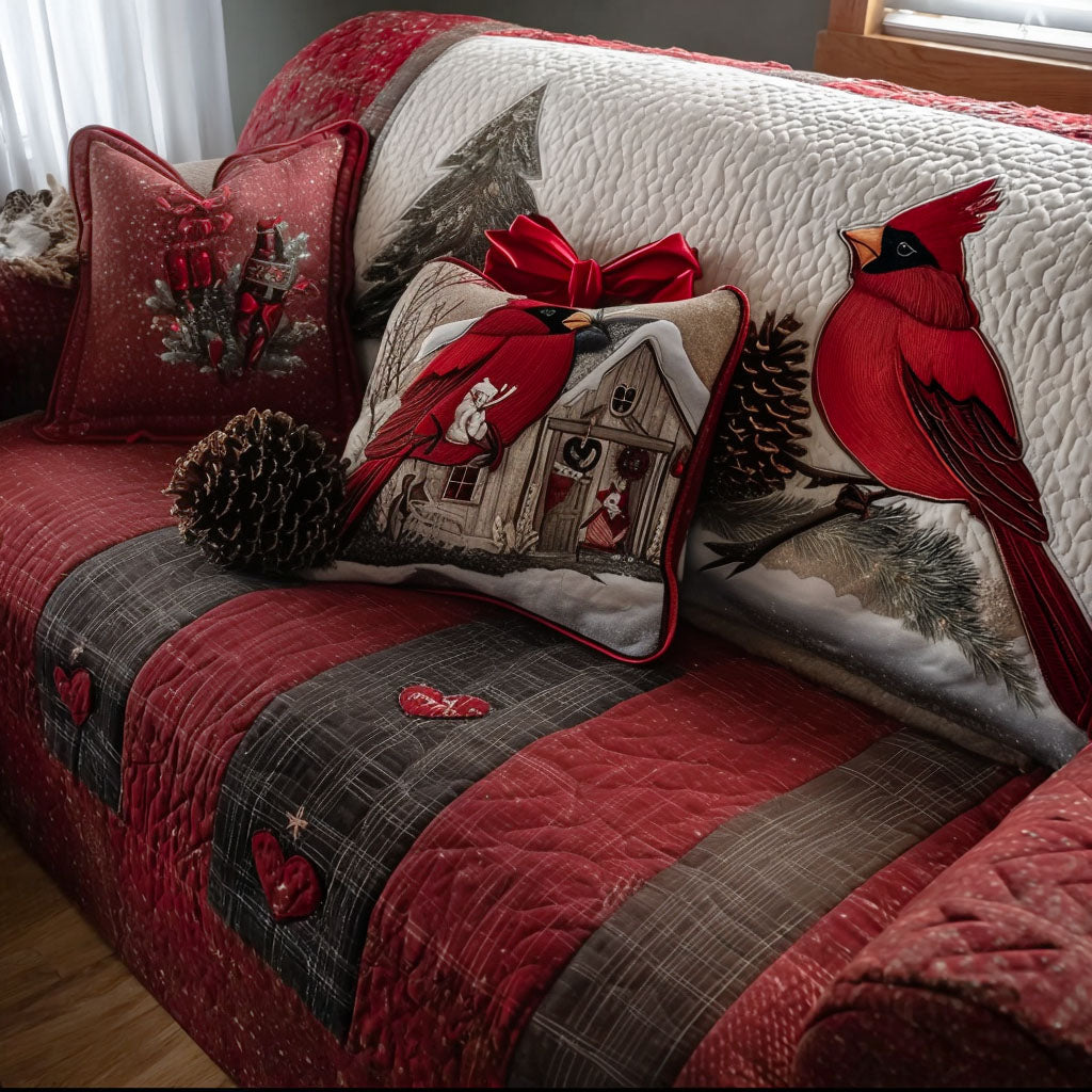 Woodland Cardinal Love Quilted Sofa Cover Winter Living Room Decor Cardinal Bird Gifts