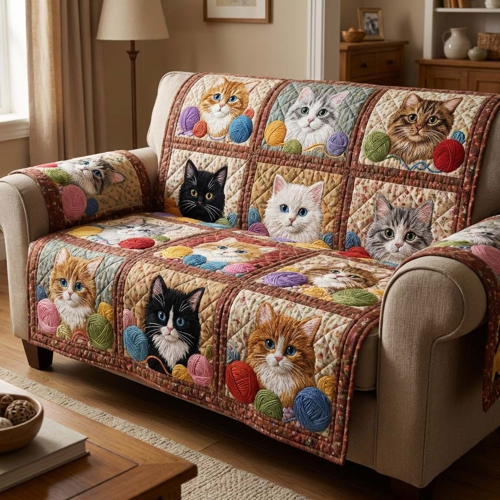 Woolen Cat Dream Quilted Sofa Cover Cat Lover Couch Covers Cute Mother's Day Gifts