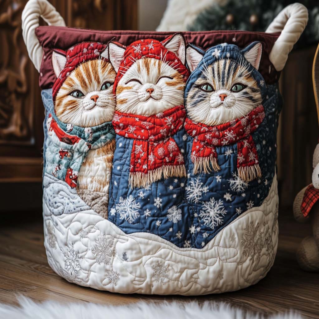 Xmas Cozy Cat Quilted Laundry Basket Foldable Laundry Hamper with Quilted Fabric Design