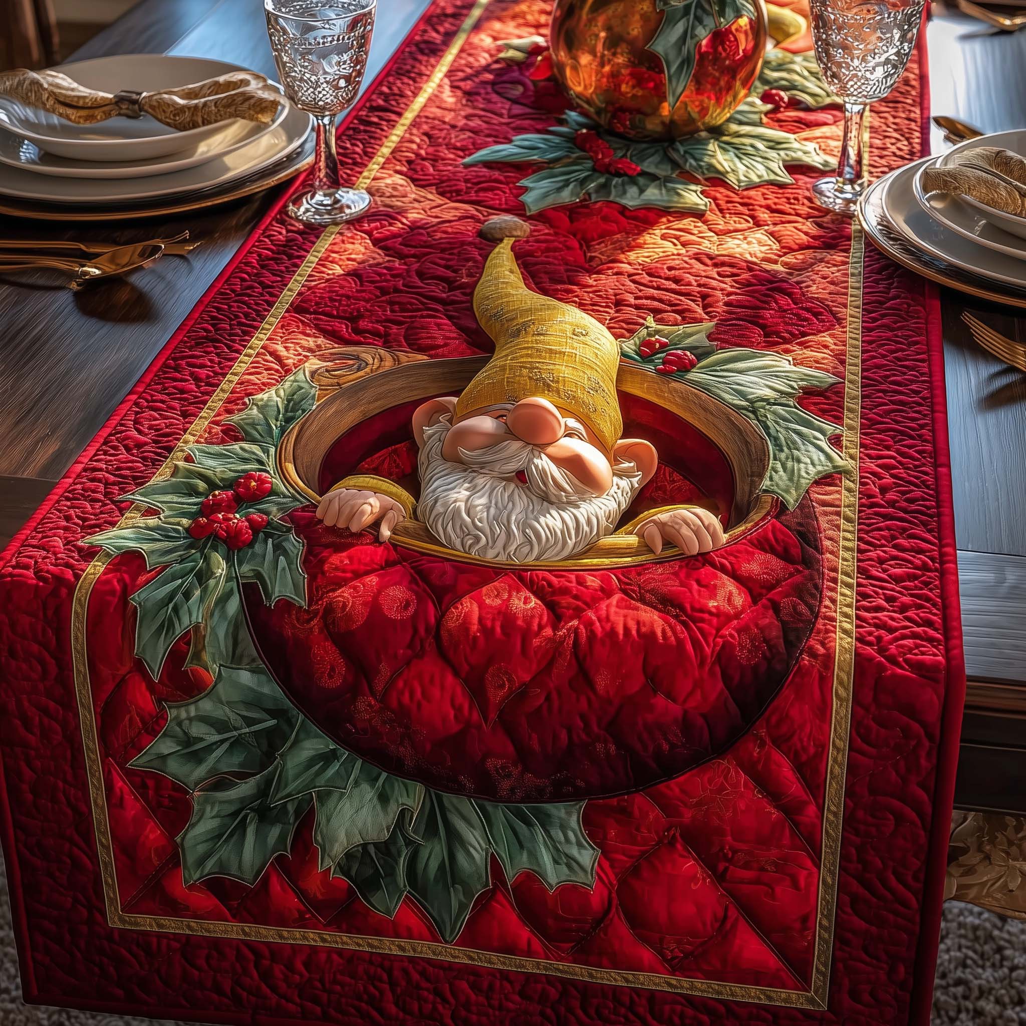 Yellow Gnome Quilted Table Runner Farmhouse Dining Room Decor Gift For Home