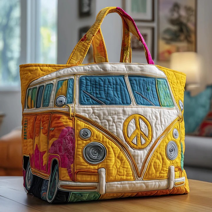 Yellow Hippie Bus Quilted Tote Bag Retro Peace Sign Bag Best Gift For Hippie Lovers