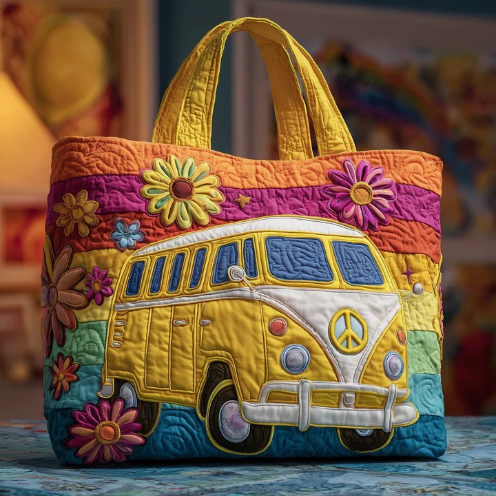 Yellow Hippie Van Quilted Tote Bag Rainbow Peace Floral Bag Best Gift For Hippie Lovers