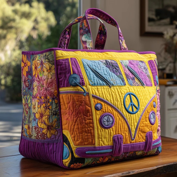 Yellow Purple Hippie Van Quilted Tote Bag Floral Peace Bag Best Gift For Boho Women