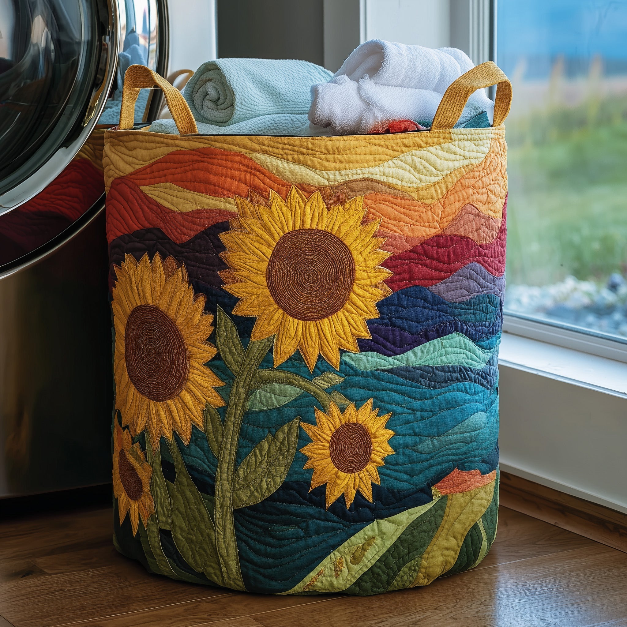 Yellow Sunflower Field Quilted Laundry Basket Lovely Gifts For Sunflower Fans