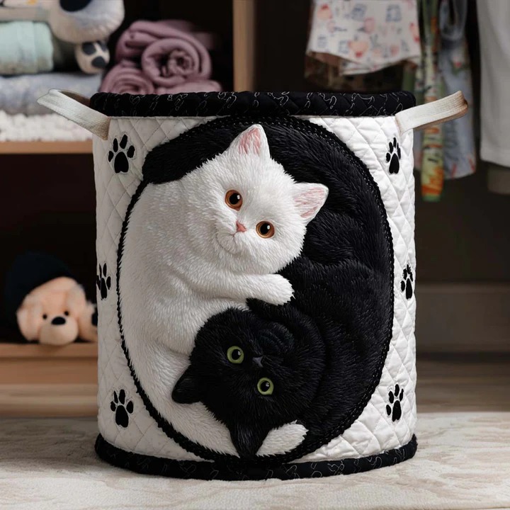 Yin Yang Cats Quilted Laundry Basket Black White Cat Boho Home Storage Best Gift For Cat Lovers