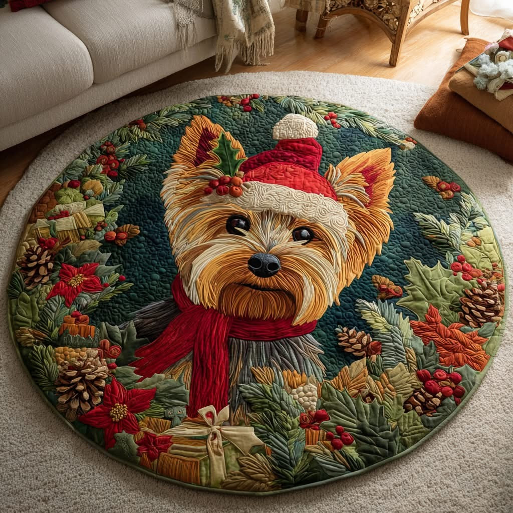Yorkie Christmas Quilted Round Mat Xmas Living Room Decor Best Gifts For Dog Lovers