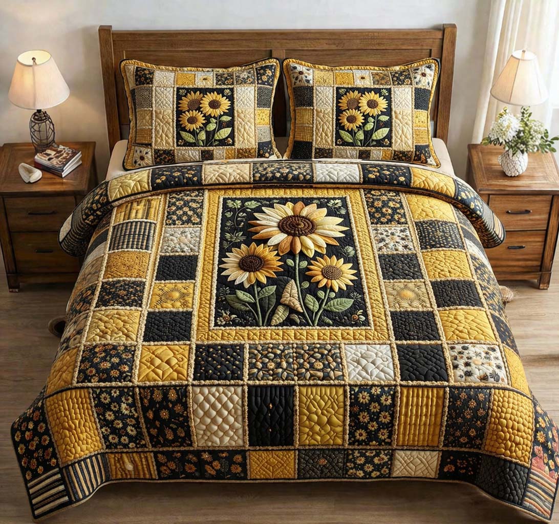 Amber Bloom Quilted Bedding Set Best King Sheets Sunflower Mother's Day Gifts