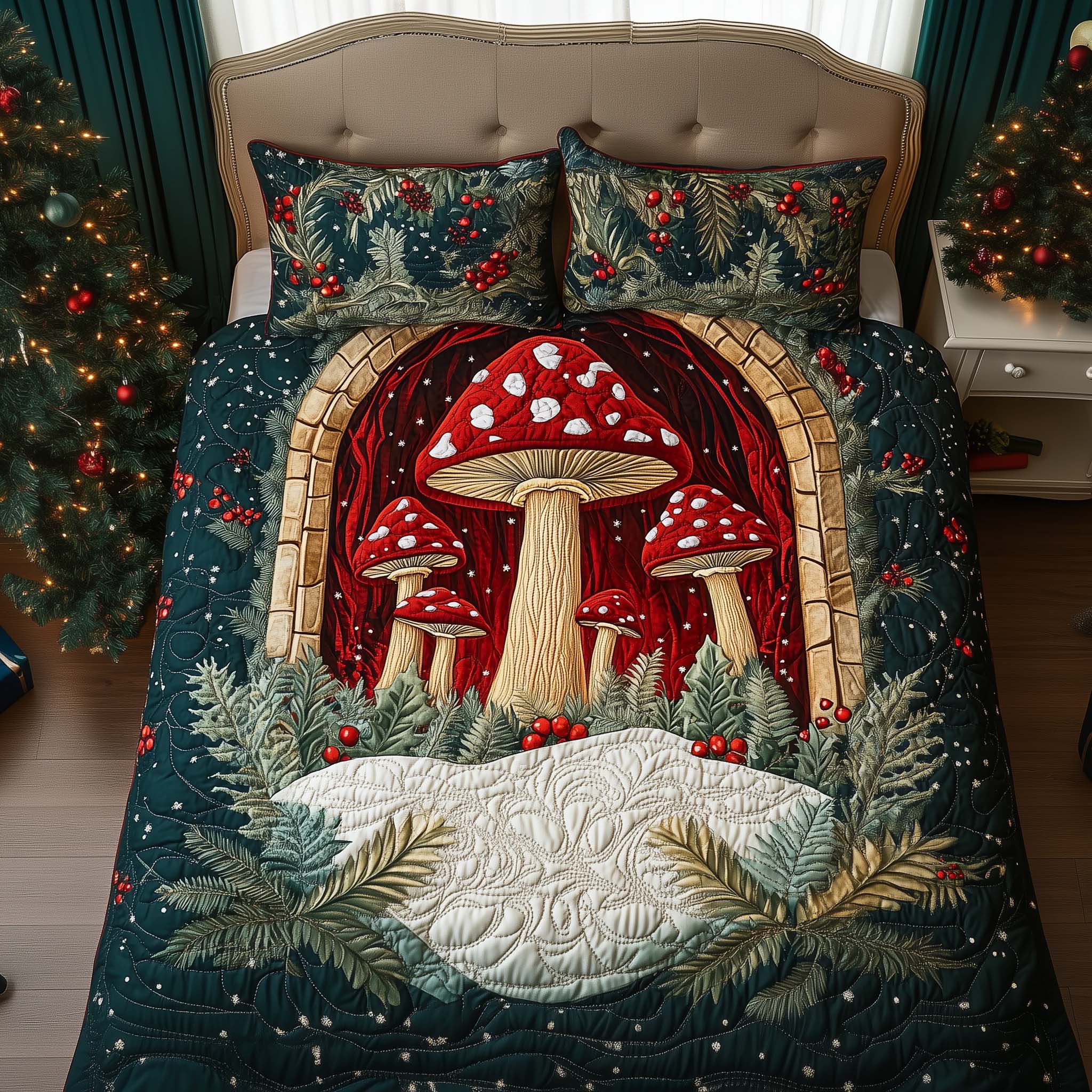 Arched Shrooms Quilted Bedding Set Christmas Bed Spread Cute Mushroom Gifts