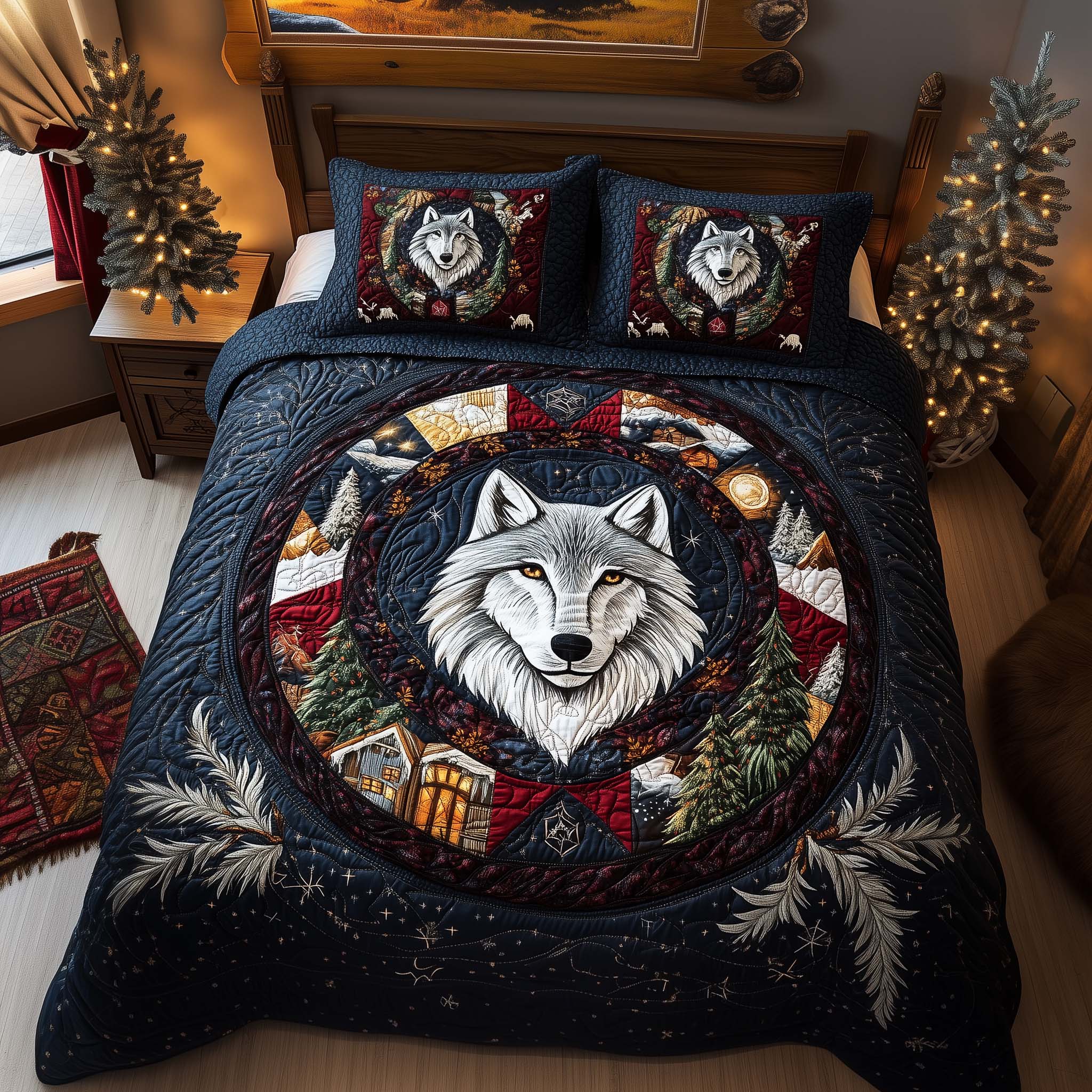 Arctic Crest Quilted Bedding Set Christmas Bed Covers Presents For Wolf Lovers