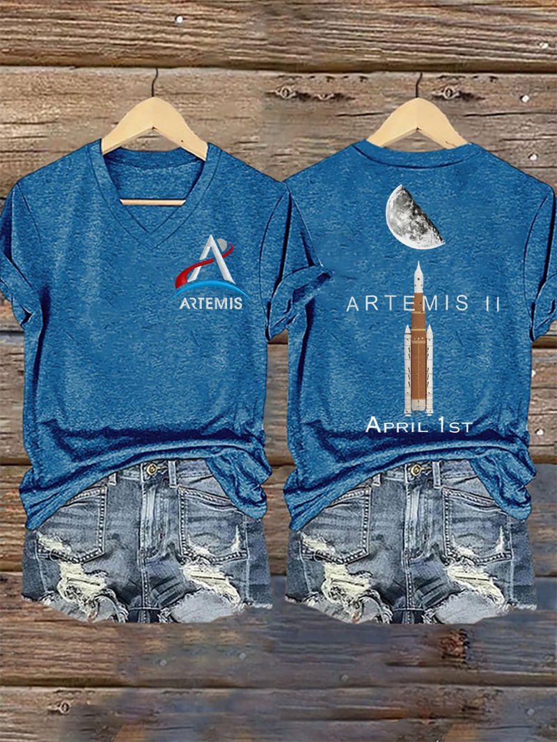Artemis II April 1st Launch V-Neck Shirt NASA Rocket Launch With Moon Clothing Gift Ideas - Image 2