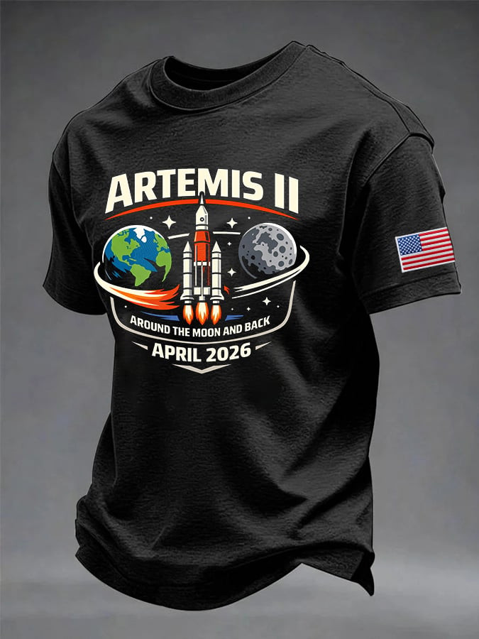 Artemis II April 2026 T-Shirt Around The Moon And Back And American Flag Clothing Gift For Fan