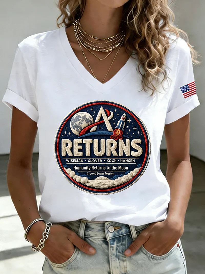 Artemis II Returns V-Neck Shirt Humanity Returns To The Moon NASA Moon Mission Space Lover Gift