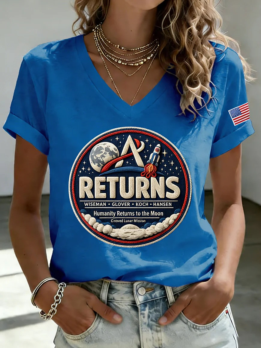 Artemis II Returns V-Neck Shirt Humanity Returns To The Moon NASA Moon Mission Space Lover Gift - Image 2