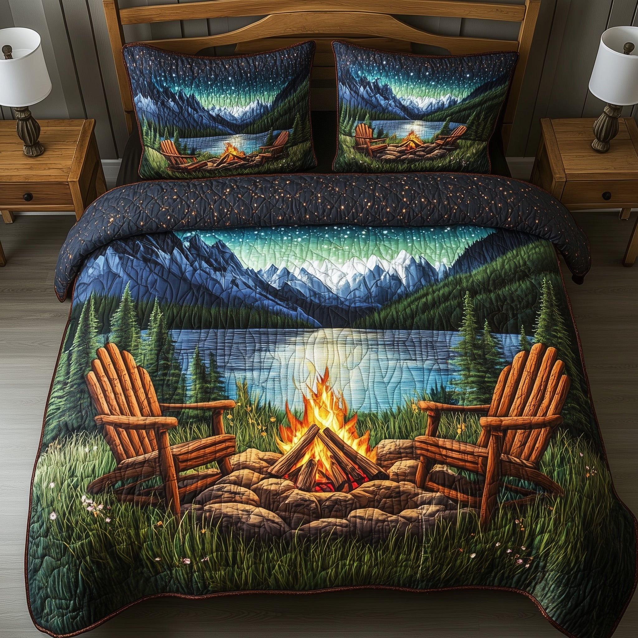 Aurora Campfire Night Quilted Bedding Set Queen Bed Set Top 10 Father's Day Gifts