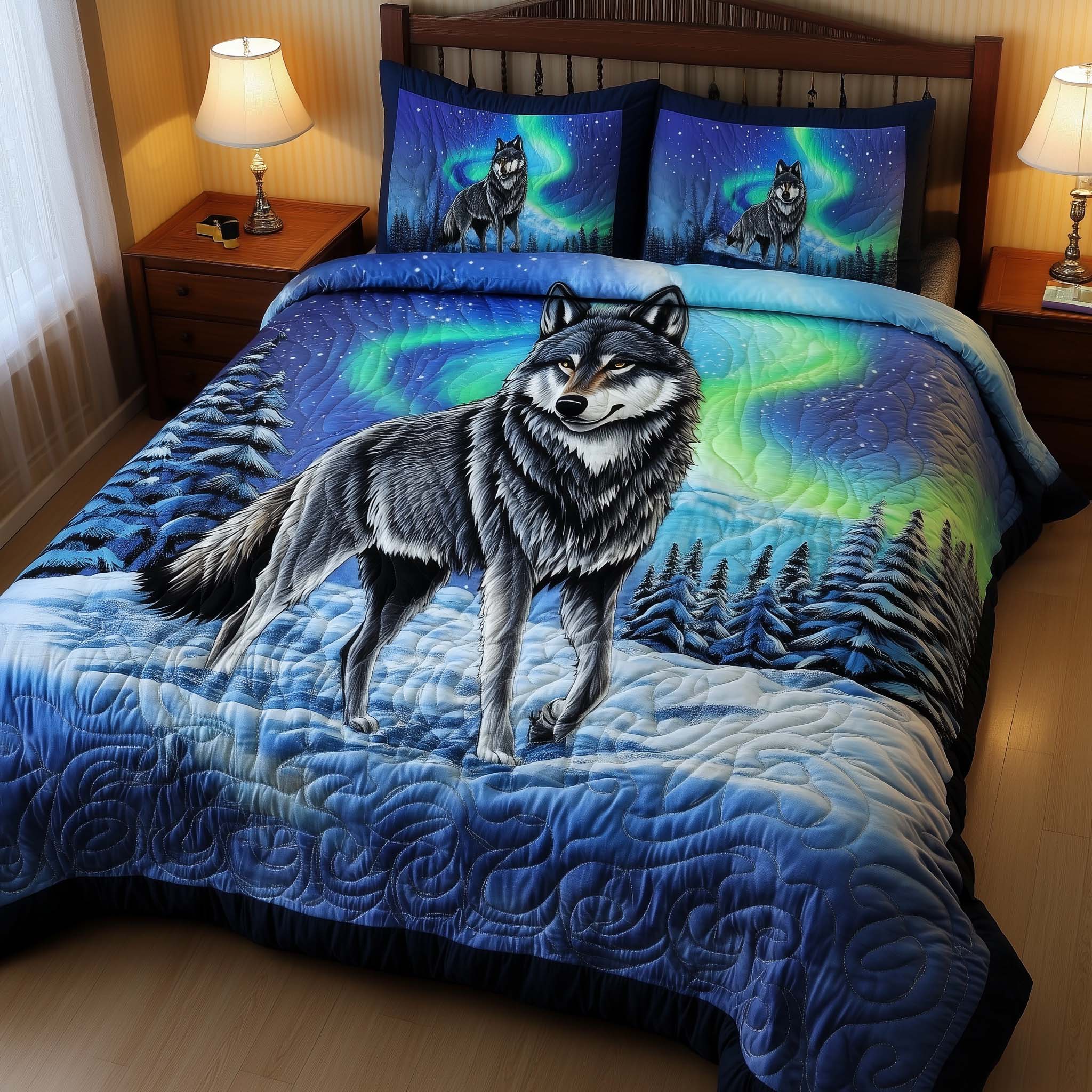 Aurora Wolf Quilted Bedding Set Christmas Duvet Cover Queen Gift For Wolf Lover